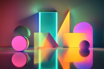 Poster - floating geometric shapes in vibrant neon colors create a modern abstract composition against a dark