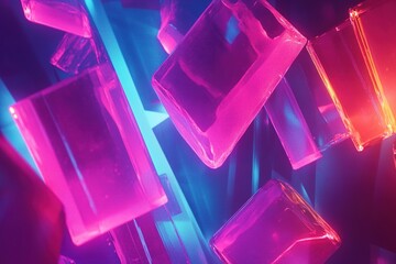 Poster - floating geometric shapes create a vibrant neon world with glowing reflections against a dark backdr