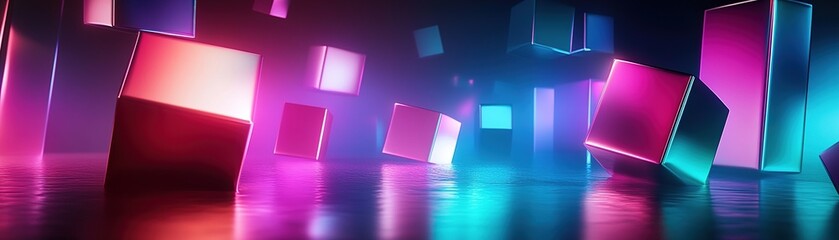 Poster - floating geometric shapes illuminated by vibrant neon colors create a modern and futuristic atmosphe