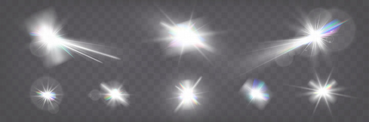 Wall Mural - set of glowing light effects with starbursts and radiating beams on a transparent background, ideal 