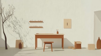 Poster - Minimalist Wooden Chair and Desk in Brightly Lit Craft Room with Subtle Nature Elements