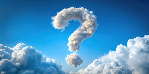 Poster - A celestial question mark formed by fluffy cumulus clouds against a vibrant blue sky, inspiring wonder and curiosity