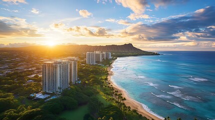 Wall Mural - Waikiki Beach Sunrise: Diamond Head's Majestic View