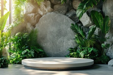 Poster - Contemporary Stage Podium with Natural Stone and Lush Greenery, Perfect for Presentations and Events in a Modern Aesthetic Environment