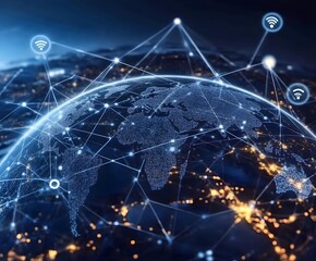 Poster - 3D holographic globe with network connections and floating icons on a techy background.