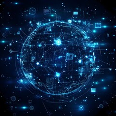Poster - 3D holographic globe with network connections and floating icons on a techy background.