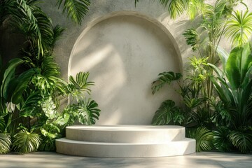Poster - contemporary minimalist podium stage design surrounded by lush greenery in front view with natural l