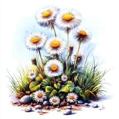 Wall Mural - Vibrant Dandelion Cluster with White Petals and Green Leaves in Natural Setting