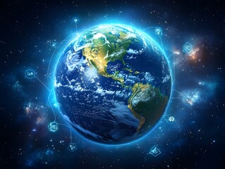 Poster - 3D holographic globe with network connections and floating icons on a techy background.