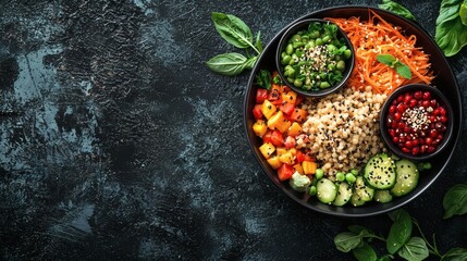 Poster - Nutrition and healthy eating habits displayed with colorful fruits and vegetables Stock Photo with side copy space