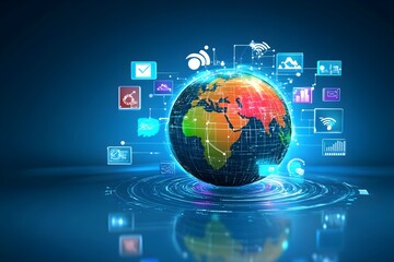 Poster - 3D holographic globe with network connections and floating icons on a techy background.