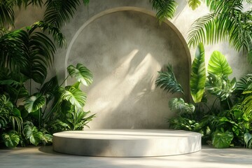 Poster - contemporary white podium on stage surrounded by lush greenery and tropical plants in a bright natur