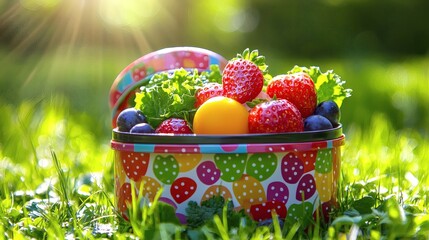 Poster - Nutrition for children portrayed with a colorful lunchbox filled with healthy options Stock Photo with side copy space