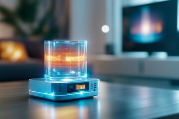Fototapete - A cyberpunk VCR scene featuring a glowing neon VCR with holographic VHS tapes, set in a high-tech, dystopian living room with a flickering CRT TV