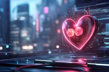 Poster - A cyberpunk-inspired glowing neon heart, surrounded by digital glitches and holographic roses, set against a dark futuristic cityscape