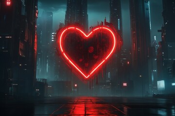 Poster - A cyberpunk-inspired glowing neon heart, surrounded by digital glitches and holographic roses, set against a dark futuristic cityscape