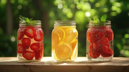 Poster - Healthy hydration habits as part of nutrition portrayed with infused water jars Stock Photo with side copy space