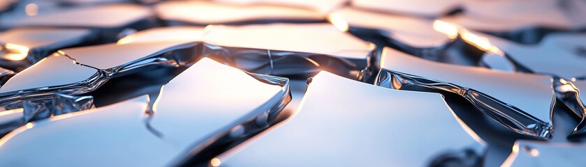 Poster - Cracked chrome metallic surface with glowing silver and blue reflections creating an abstract depth for modern design applications