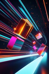 Poster - dynamic abstract background with colorful light trails and 3d geometric shapes on a dark canvas for 
