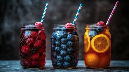 Poster - Healthy hydration habits as part of nutrition portrayed with infused water jars Stock Photo with side copy space