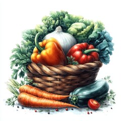 Wall Mural - Fresh and Colorful Vegetable Basket with Carrots, Peppers, Onions, and Greens