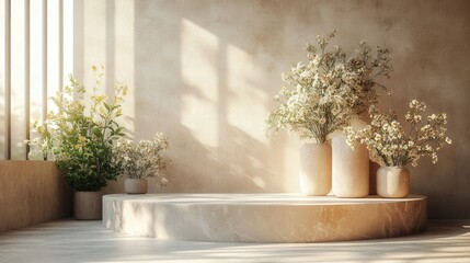 Poster - elegant empty podium for product photography displaying beautiful urns with fresh flowers in a brigh
