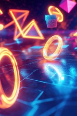 Poster - creative composition of colorful light trails weaving around 3d geometric shapes against a dark back