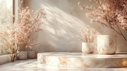 Poster - Elegant Display Podium with Empty Marble Urns Surrounded by Delicate Cherry Blossom Accents in Bright Natural Light