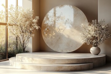 Poster - Elegant and Serene Empty Podium for Product Photography with Floral Decor and Soft Natural Lighting in Contemporary Space