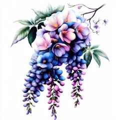 Wall Mural - Beautiful Wisteria Blossoms with Vibrant Colors and Lush Green Leaves on a White Background