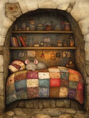 Poster - Cozy mouse resting on a colorful quilt in a quaint nook filled with jars and books. Generative AI