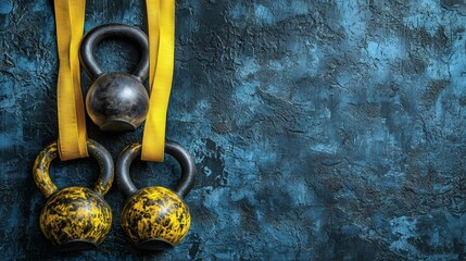Poster - physical fitness equipment like kettlebells and resistance bands in use stock photo with side copy s