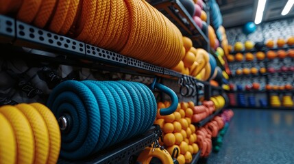 Poster - physical fitness equipment like kettlebells and resistance bands in use stock photo with side copy s