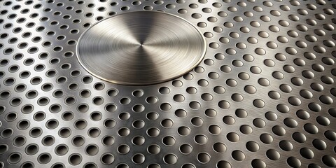 Poster - abstract brushed metal texture with circular perforations and a central disc