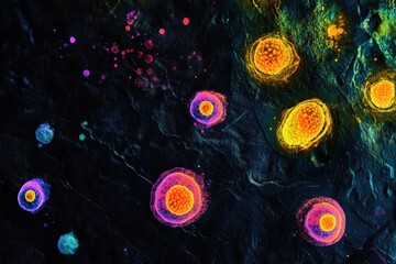 Fototapete - Magnified view of colorful viruses showcasing their structure and diversity in a scientific visualization. Generative AI