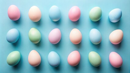 Poster - Pastel-colored eggs arranged in a neat grid on a light blue background, perfect for spring celebrations and festive designs.
