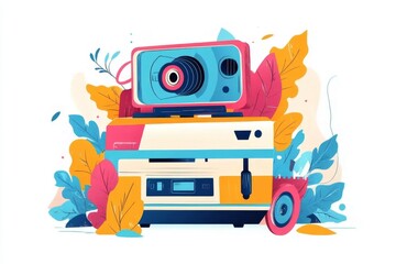 Poster - A flat 2D illustration of a VCR with a VHS tape inserted, drawn with bold outlines and vibrant retro colors on a white background