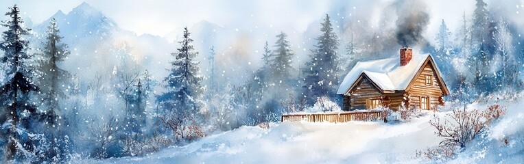 Poster - Cozy log cabin nestled in a snowy forest with smoke rising from the chimney creating a warm and peaceful atmosphere