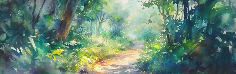 Poster - Narrow hiking trail bathed in sunlight, surrounded by lush greenery and vibrant colors inviting exploration
