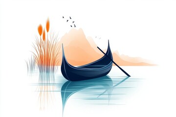 Poster - A flat 2D illustration of a gondola on a canal, with clean lines and muted tones of blue and green on a white background
