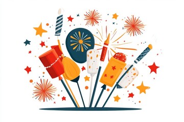 Poster - A flat 2D vector of colorful fireworks in radial patterns, rendered in bright, bold colors on a crisp white background
