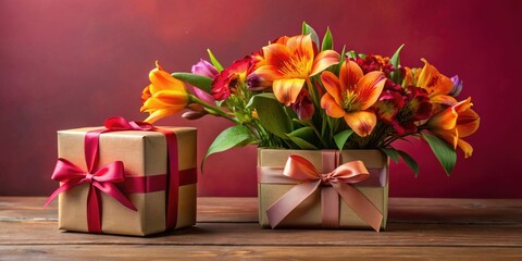 Poster - A vibrant bouquet of orange and red flowers arranged in a gift box, accompanied by a separate wrapped present with a pink ribbon.