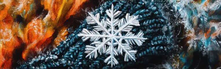 Leinwandbilder - Close-up view of a snowflake resting on a dark woolen glove with intricate natural patterns and a vibrant watercolor background