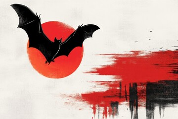 Fototapete - A flat 2D illustration of a vampire bat flying against a full moon, drawn with bold lines and a simple color scheme of black and red
