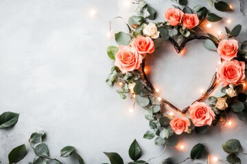 Poster - A flat design of a heart-shaped wreath made of roses and fairy lights, rendered with bright colors on a white canvas