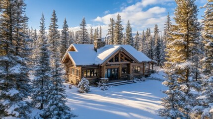 Aufkleber - Secluded mountain cabin nestled among tall evergreens with a serene snowy landscape during winter