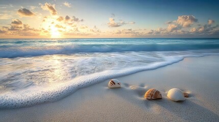 Poster - Serene beach at dawn with gentle waves and seashells scattered across the sand