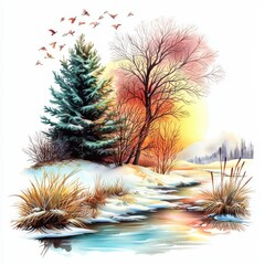 Wall Mural - Tranquil Winter Scene with Pine Tree, Bare Tree, Snow, and Gentle Stream at Sunrise