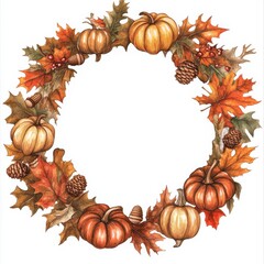 Poster - Vibrant autumn wreath illustration featuring leaves, pumpkins, and acorns with a blank center for seasonal messages