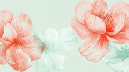 Poster - Hand-drawn coral flowers on a mint green background evoke a tropical and fresh atmosphere